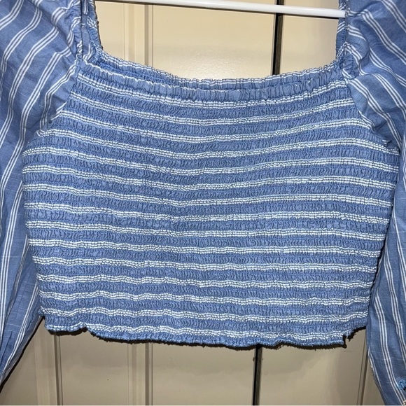 Xhilaration Striped Embroidered Smocked Square Neck Puff Sleeve Crop Top Shirt - Picture 5 of 11